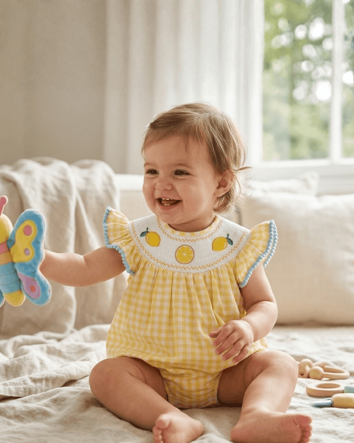 Yellow Gingham Lemon Smocked Flutter Romper - Lil Cactus