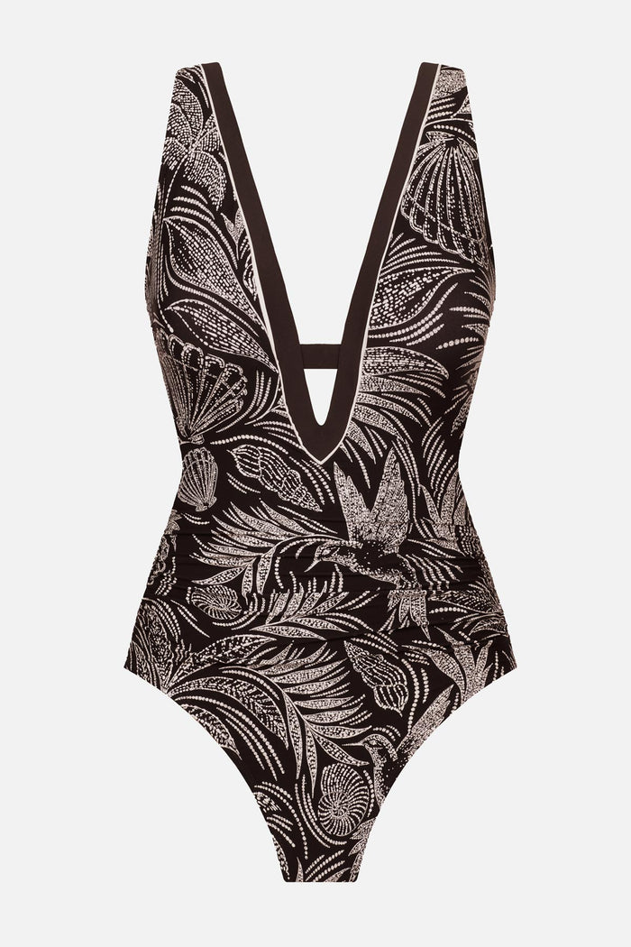 Black and white bird and leaf printed one-piece swimsuit with a deep V neckline