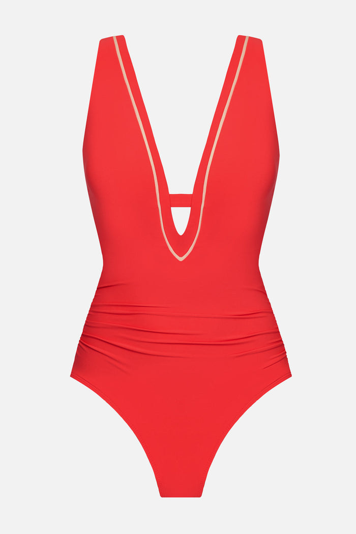 Orange one-piece swimsuit with white trim on the neckline