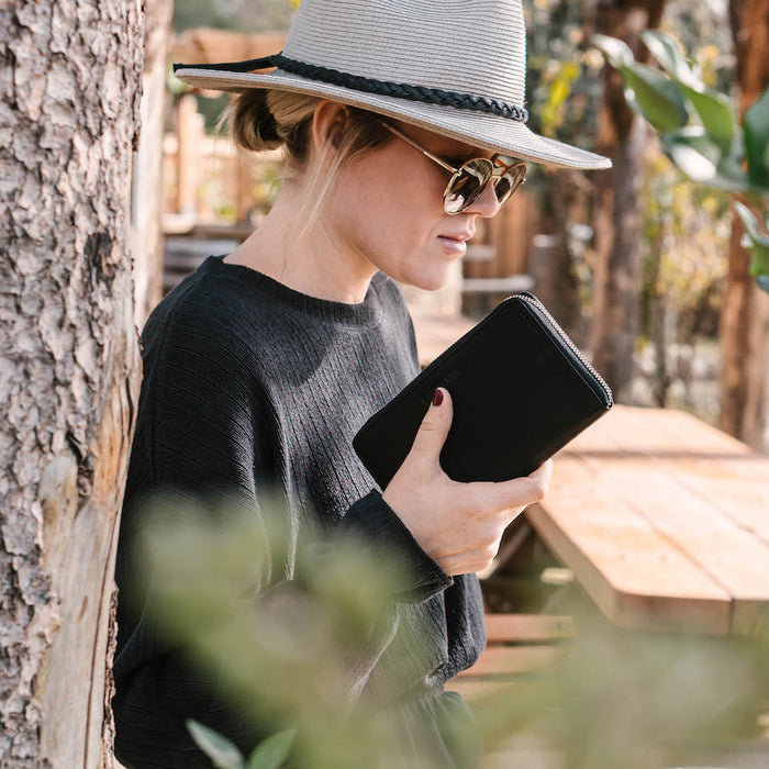 Women holding Black Zip Wallet
